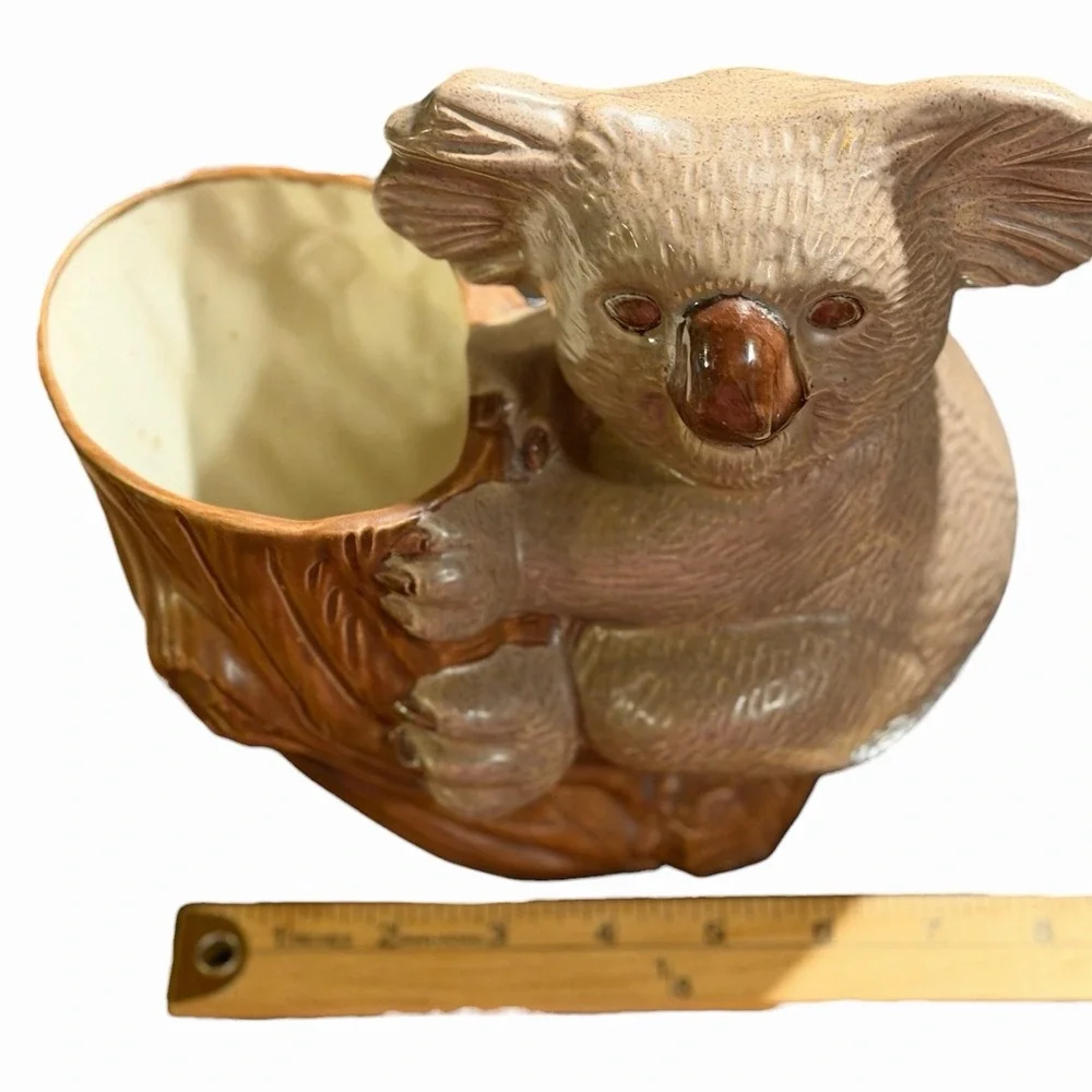 Vintage Koala Bear Planter Ceramic Tree Stump Cache Pot Kitschy Animal Decor